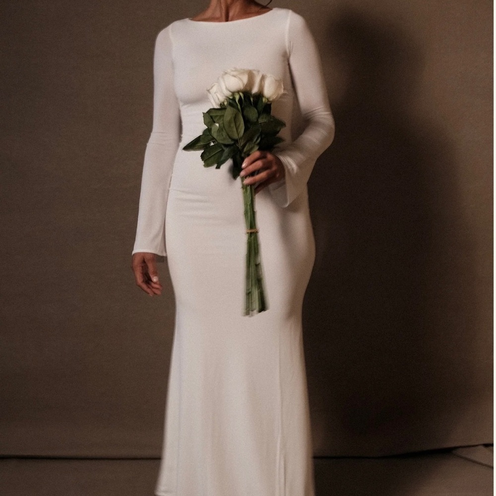 Meshki Long Sleeve White Fitted Maxi Dress